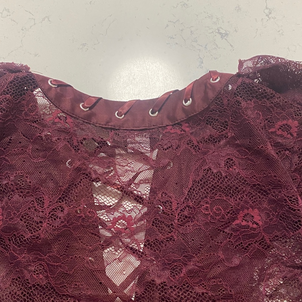 Bebe Maroon Lace-Up Ruffle Bodysuit - Picture 4 of 6